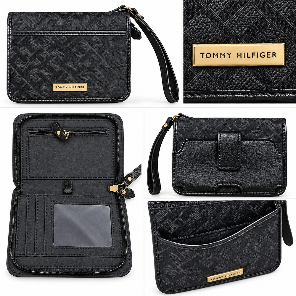 Tommy Hilfiger Wristlet Womens Compact Designer Wallet Black Small Pockets